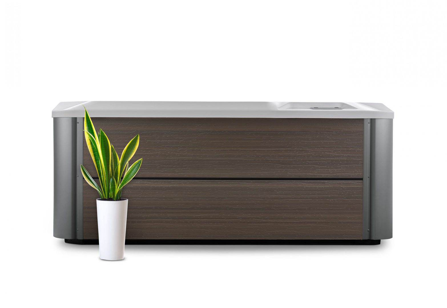 HotSpring-HotSpot-2020-Pace-AlpineWhite-Havana-Studio-FrontView-with plant